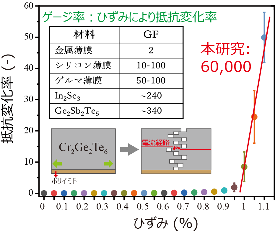 Cr₂Ge₂Te₆薄膜の従来材に比べて二桁以上高いひずみ検出機能を発見