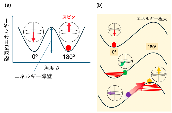 電流印加によってエネルギー的に不安定な方位にスピンを安定化させることに成功